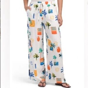 NWT  Anthropologie Label Of Love Tropical Print Wide Leg Linen Blend Pant Sz Lg
